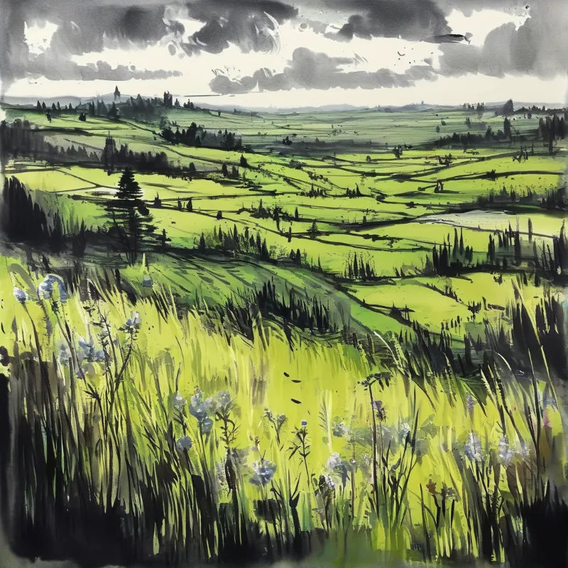 Loose brushstrokes build rolling farmland in vivid lime and shadowed ink, beneath a heavy sky of white and charcoal clouds.