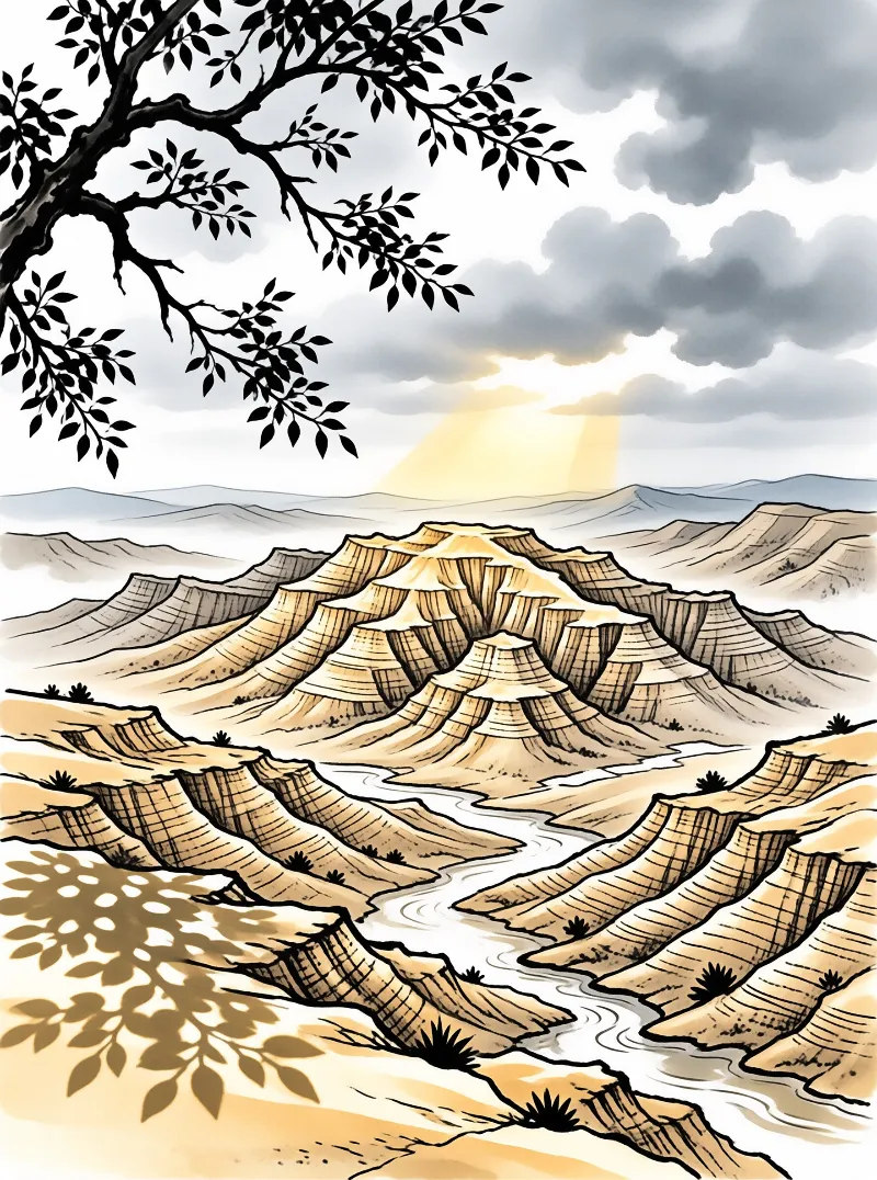 Leafy branches frame an arid canyon valley with a winding river and sunbeams breaking through clouds.