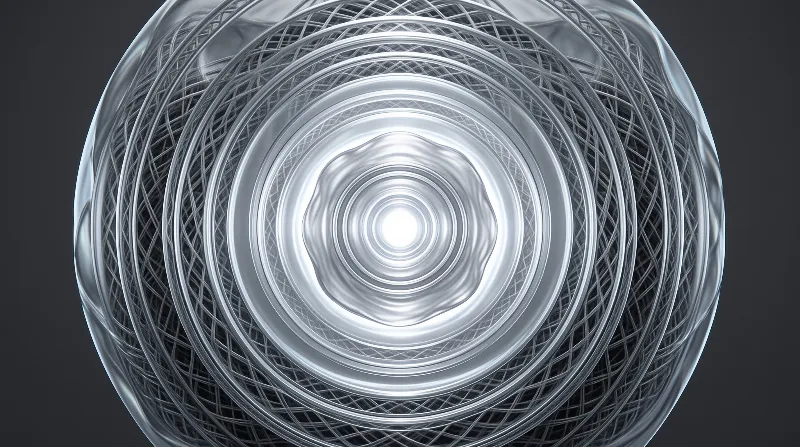 Layered silver rings frame a bright center with dark mesh sections in a symmetrical tunnel design