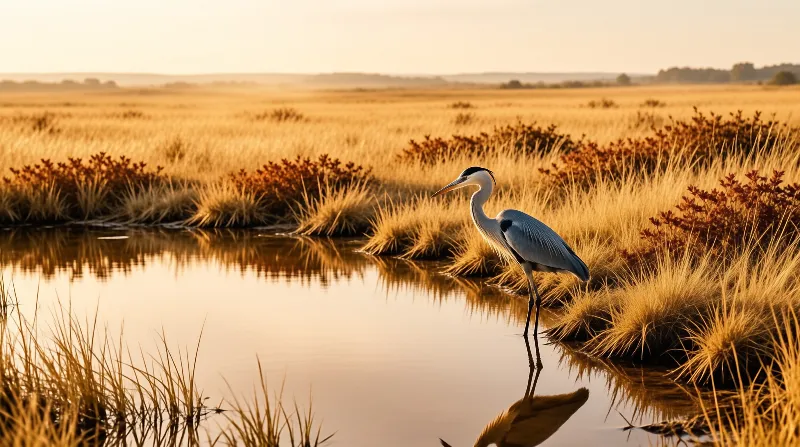 A grey heron stands in shallow water surrounded by tall dry grasses bathed in warm sunset light.