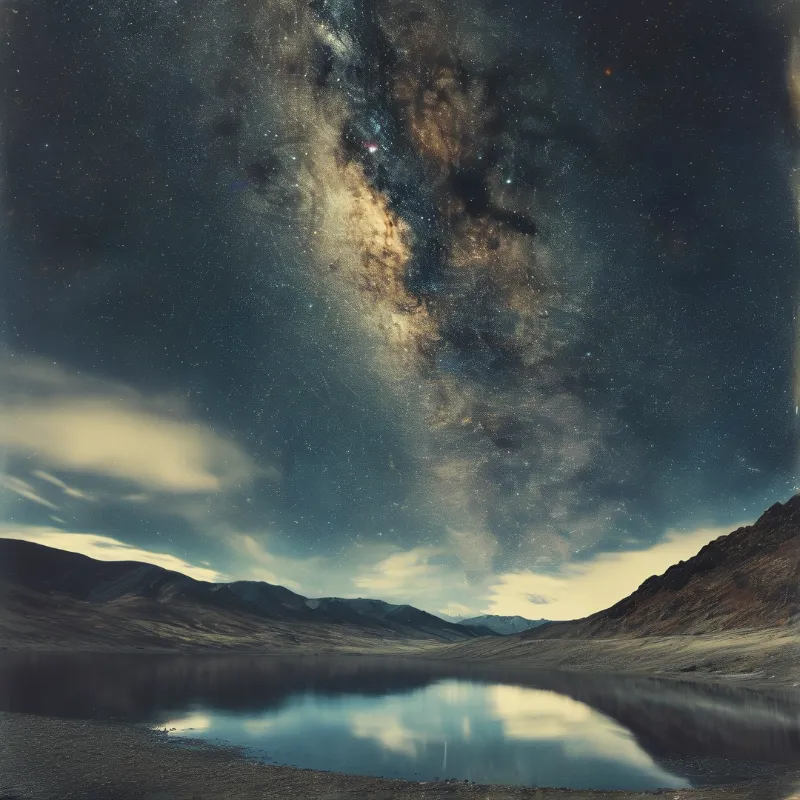 The Milky Way spans a dark sky above a valley with mountains and a lake reflecting the celestial lights.