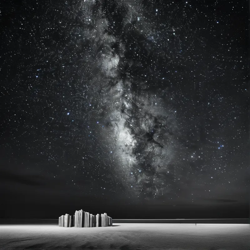 A black and white scene shows rock pillars on a flat plain beneath a bright Milky Way galaxy in the night sky.