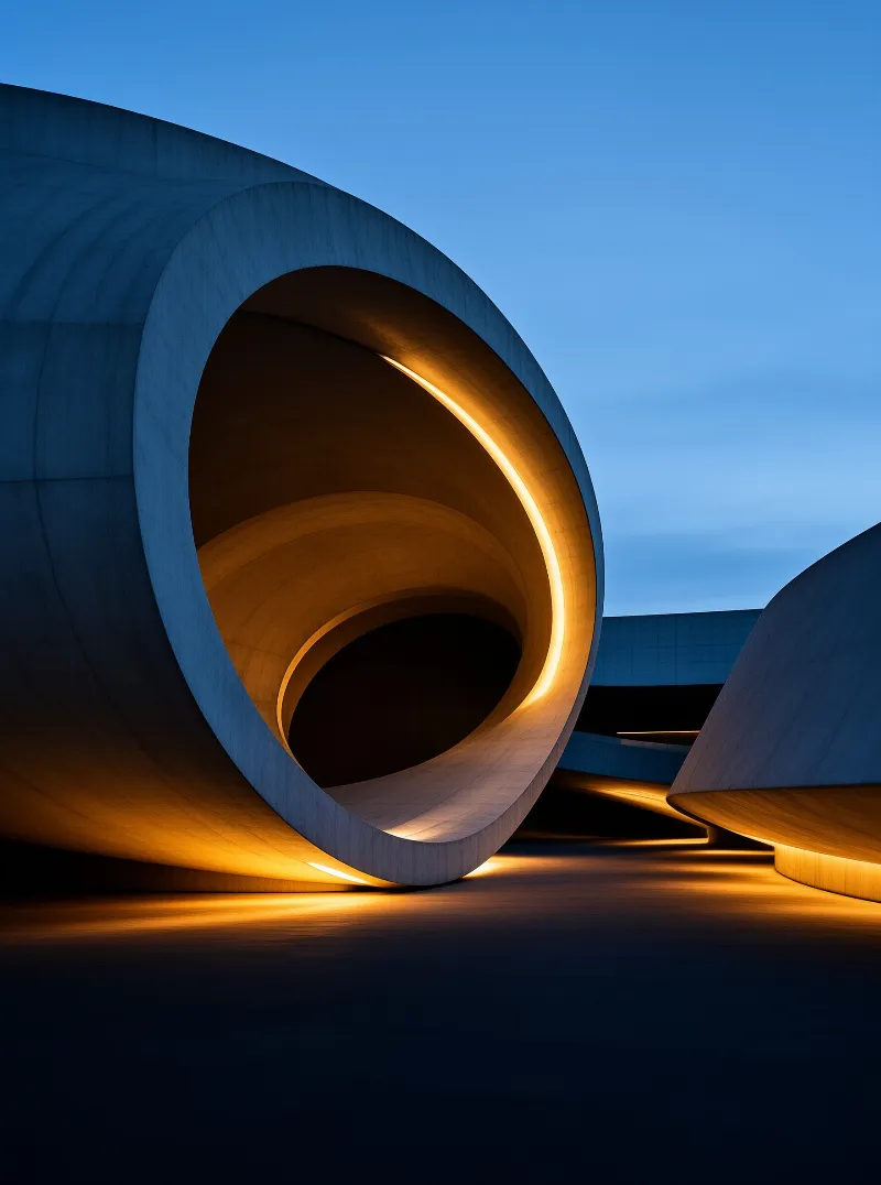 Large curved concrete form emits warm golden light beneath its edges under a clear twilight sky.