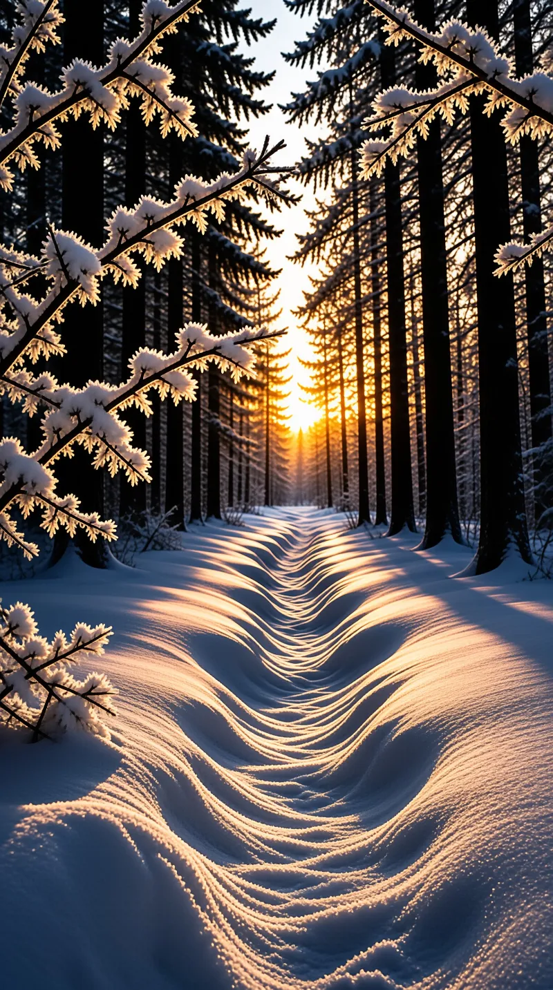Rippled snow in a forest path glows warm orange as the setting sun shines through tall dark trees.