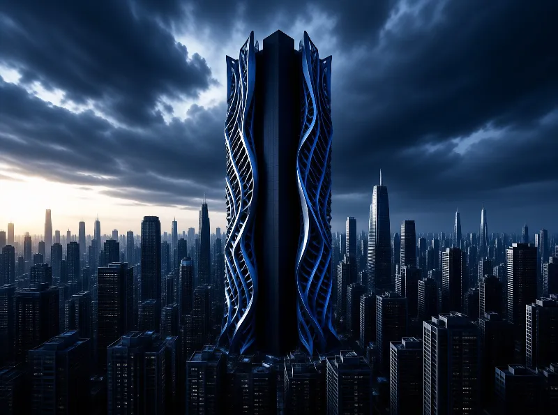 A futuristic skyscraper wrapped in a wavy blue lattice towers over a dense dark skyline beneath a brooding storm sky