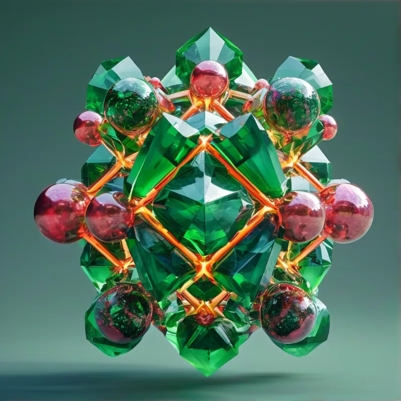 Symmetrical emerald crystal facets and red metallic spheres linked by gold rods on a teal gradient background