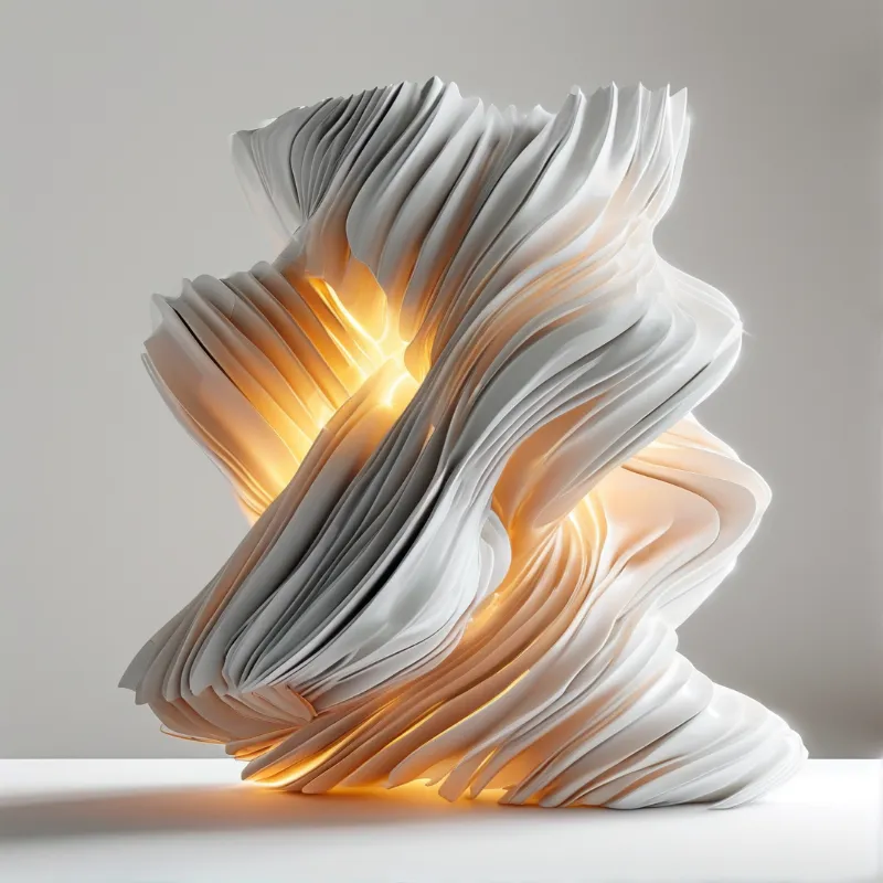 Dozens of white fins twist into a helical form lit from within by a soft amber glow on a gallery backdrop.