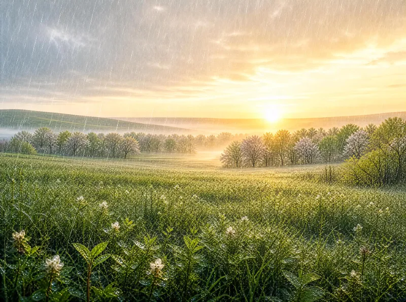Rainy Sunset Over Fields