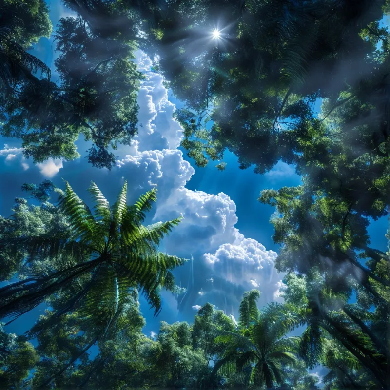 Looking upward through dense tropical leaves reveals a blue sky with white clouds and bright sunbeams.
