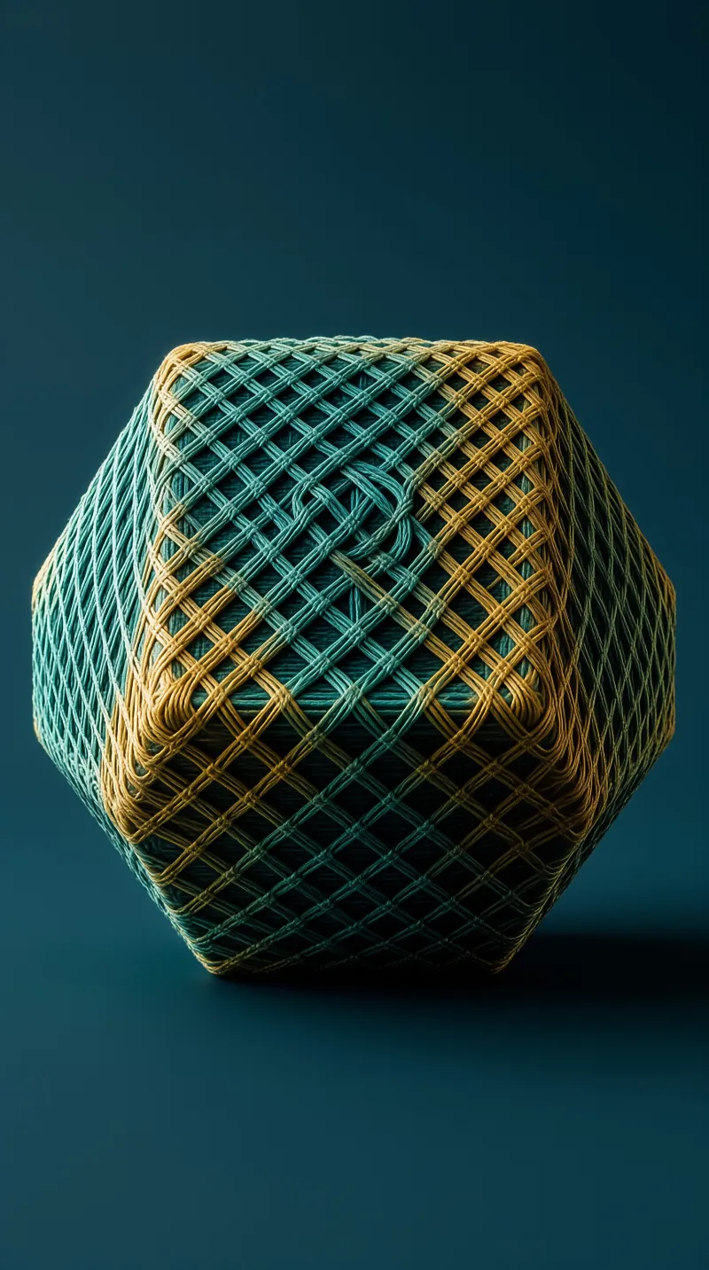 A faceted structure created from interwoven teal and mustard yarn rests against a dark blue background.