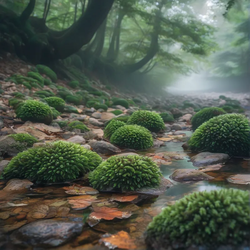 Green moss balls rest on rocks in a shallow river surrounded by foggy trees.