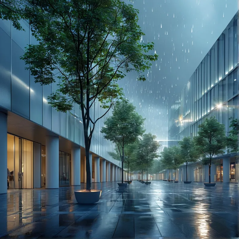 Row of potted trees lining a wet paved walkway between glass buildings during a rain shower.
