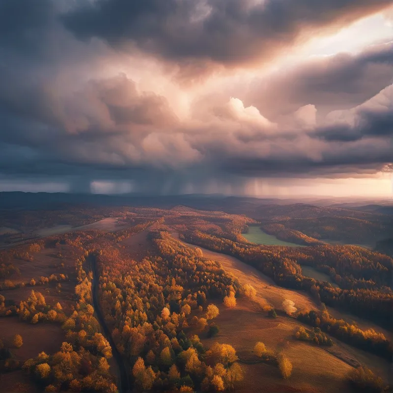 Aerial view of autumn hills with a winding path beneath dramatic clouds pierced by sunlight