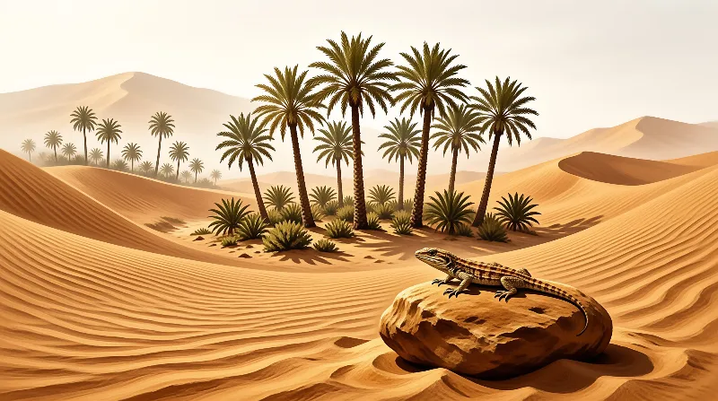 A brown lizard sits on a rock in a sandy desert with palm trees and dunes.