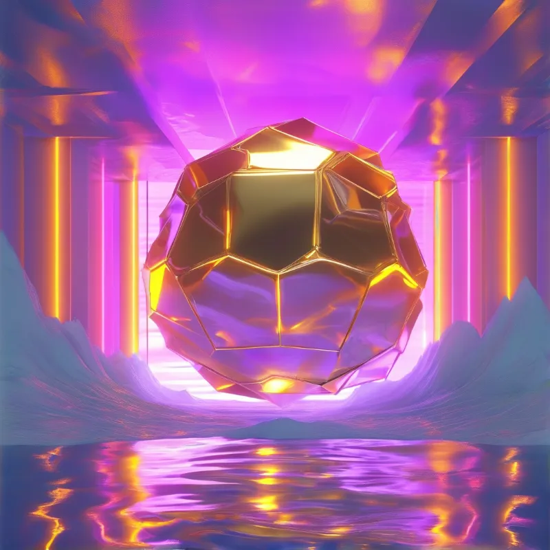 A faceted golden sphere hovers in a purple neon tunnel with vertical light beams reflecting off the water below.
