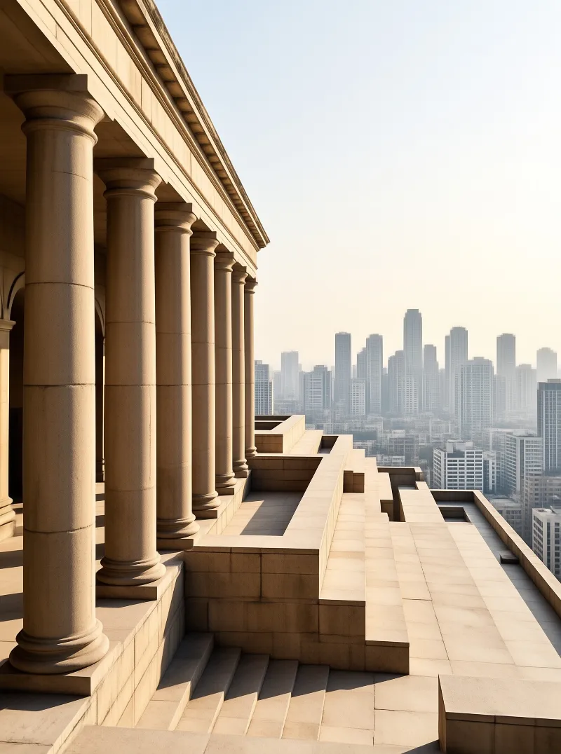 Large stone columns line a terrace overlooking a distant city skyline with tall skyscrapers bathed in bright sunlight.