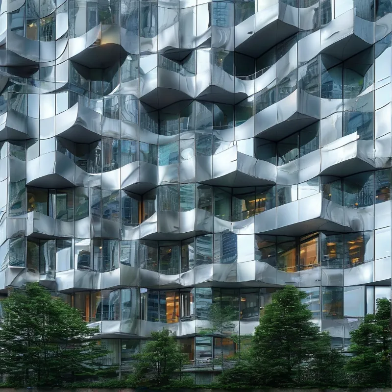 A deconstructivist building whose wavy mirrored panels and tilted windows fold light across its metallic surface.