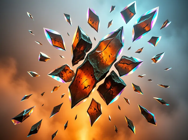 Dark jagged fragments burst outward with iridescent edges against a background fading from warm orange to cool grey.