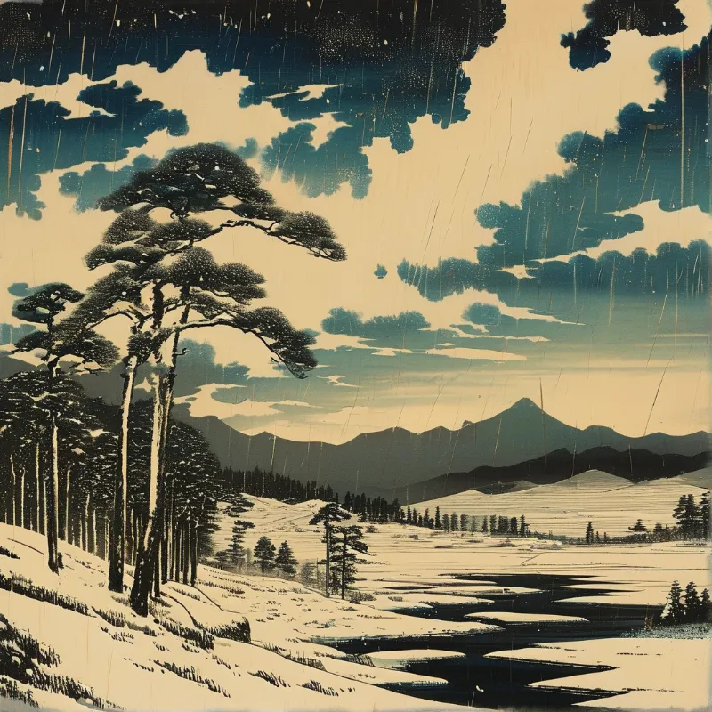 Tall pine trees frame a snowy valley with a river and distant mountains beneath dark stormy clouds and falling rain.