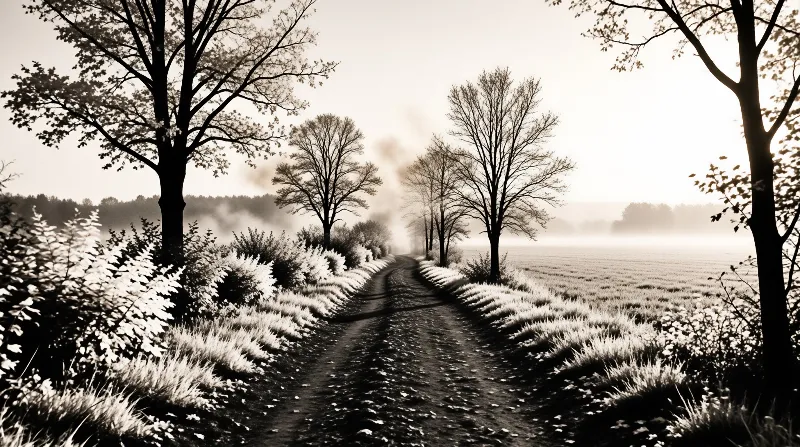 A winding dirt road disappears into a foggy distance between frost-covered bushes and bare trees in a sepia-toned landscape.