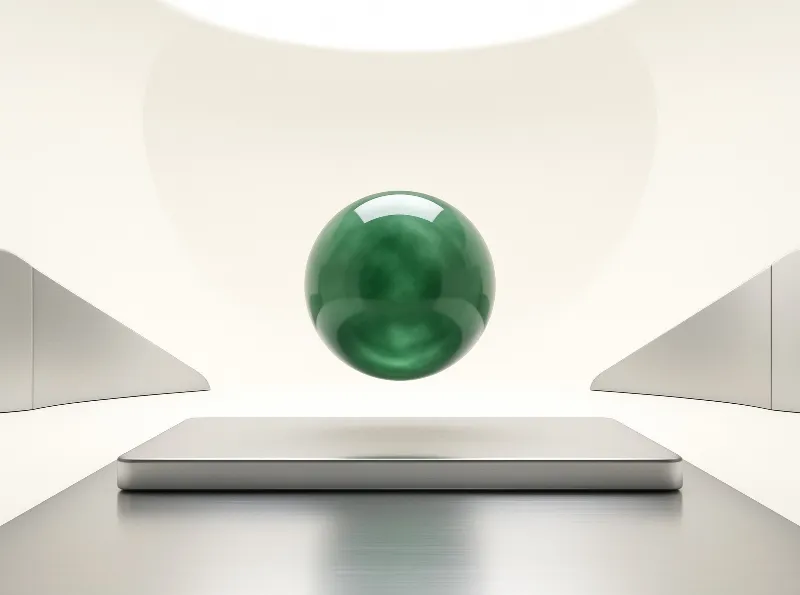 A jade-green glass orb hovers above a brushed steel plinth in a bright, sculptural display space.