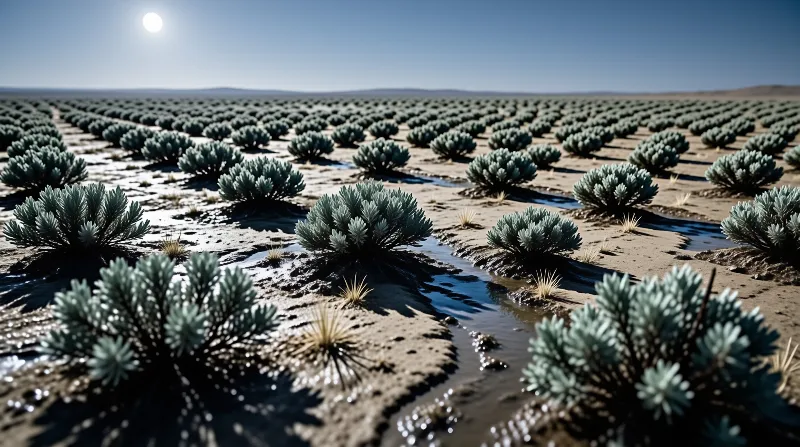 Uniform rows of silvery-green desert shrubs grow on dry cracked soil under a bright sun and clear blue sky.