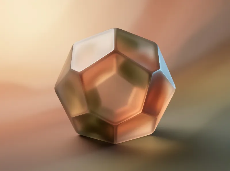 A large translucent gemstone with sharp edges sits centered against a creamy blurred background reflecting soft orange and blue highlights across its many flat surfaces showing distinct geometric forms and smooth textures.