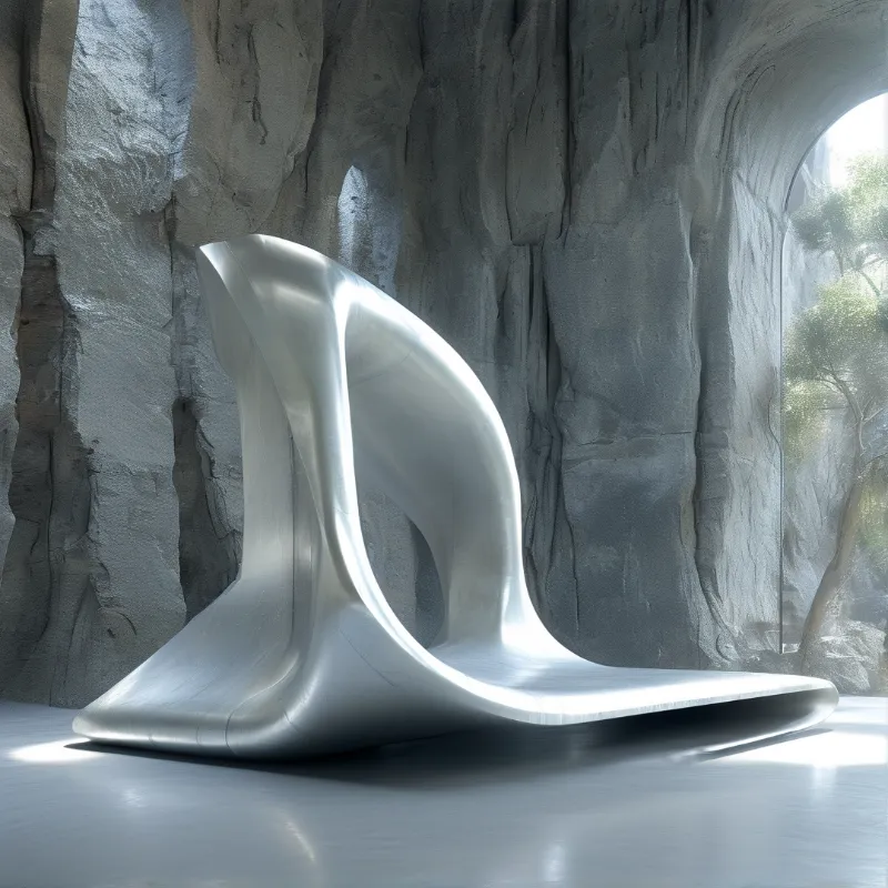 A smooth silver ribbon of cast metal rises and folds back on itself beside a sunlit opening in grey stone.