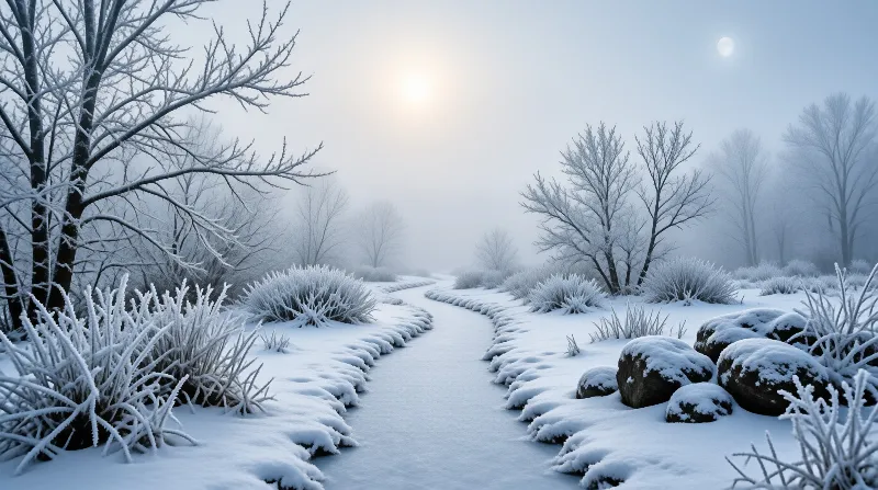 A frost covered river curves through foggy winter dawn woods, soft pale light illuminates frozen trees and snow packed banks.