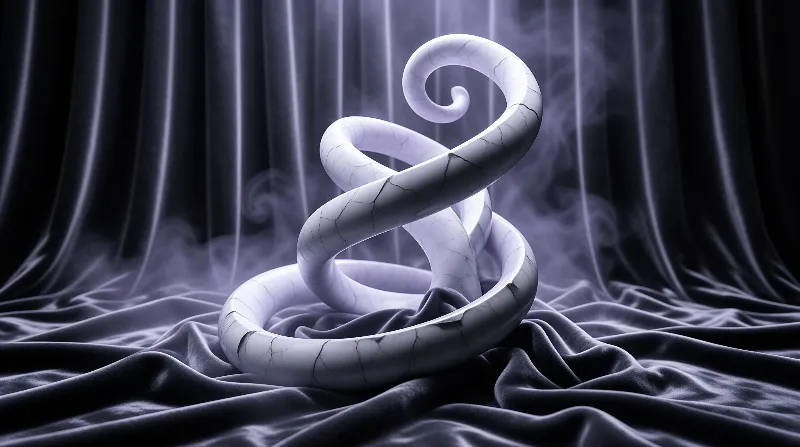 A cracked white spiral sculpture rests on dark purple velvet fabric with swirling smoke in the background.
