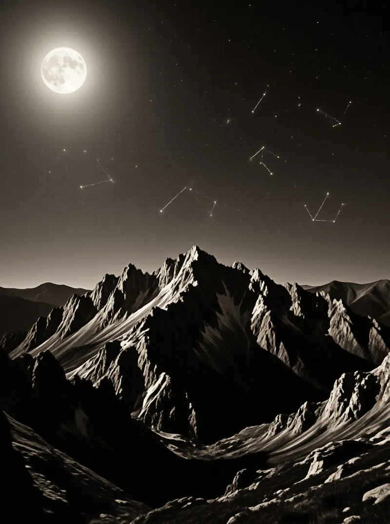 Rugged jagged mountain ridges illuminated by bright moonlight beneath a star-filled night sky with visible constellations.