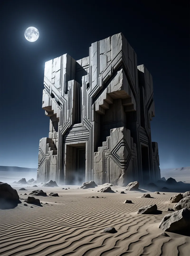 A massive stone structure with geometric carvings stands in a foggy desert under a bright full moon.