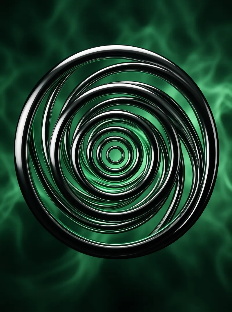 A shiny black and silver spiral ring shape sits centered against a swaying dark green rippled watery backdrop with highlights on the metal edges.