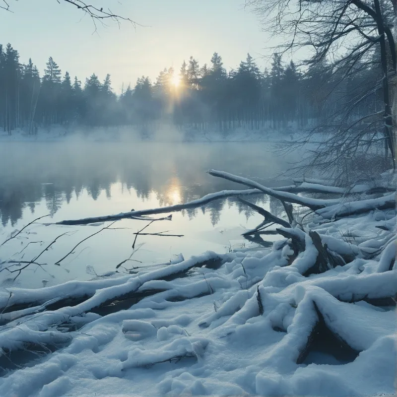 Snow covered logs rest on a lake shore while sunlight glows through a distant forest across a misty water surface.