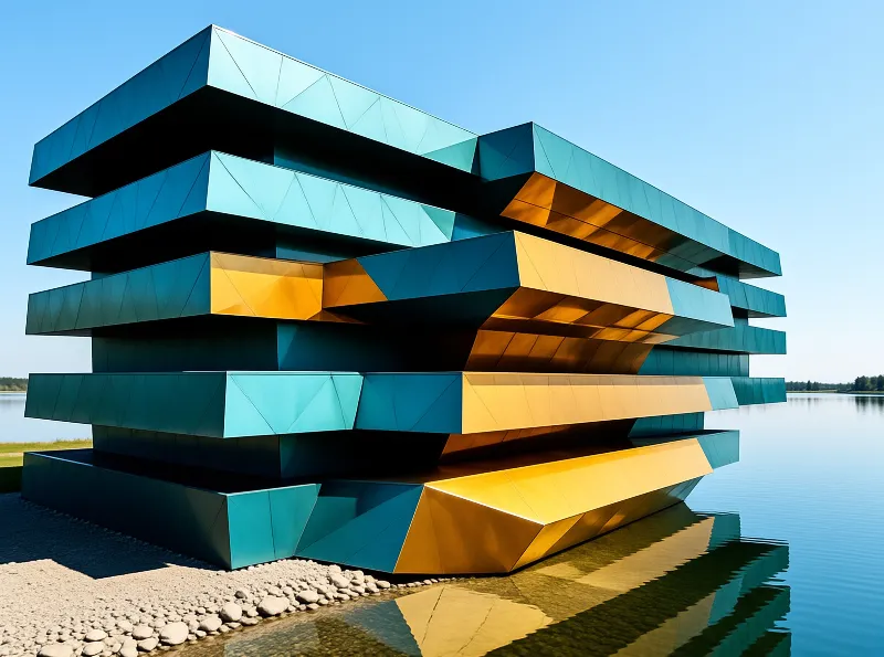 A futuristic building with blue and gold metallic facets sits on a rocky shore next to calm water under a clear blue sky.