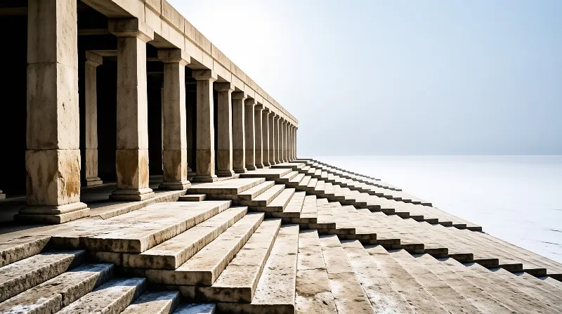 A long classical stone colonnade with a broad staircase extends toward a hazy white void under bright diffuse light