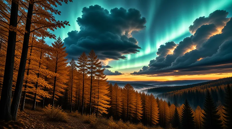 Aurora over Autumn Forest