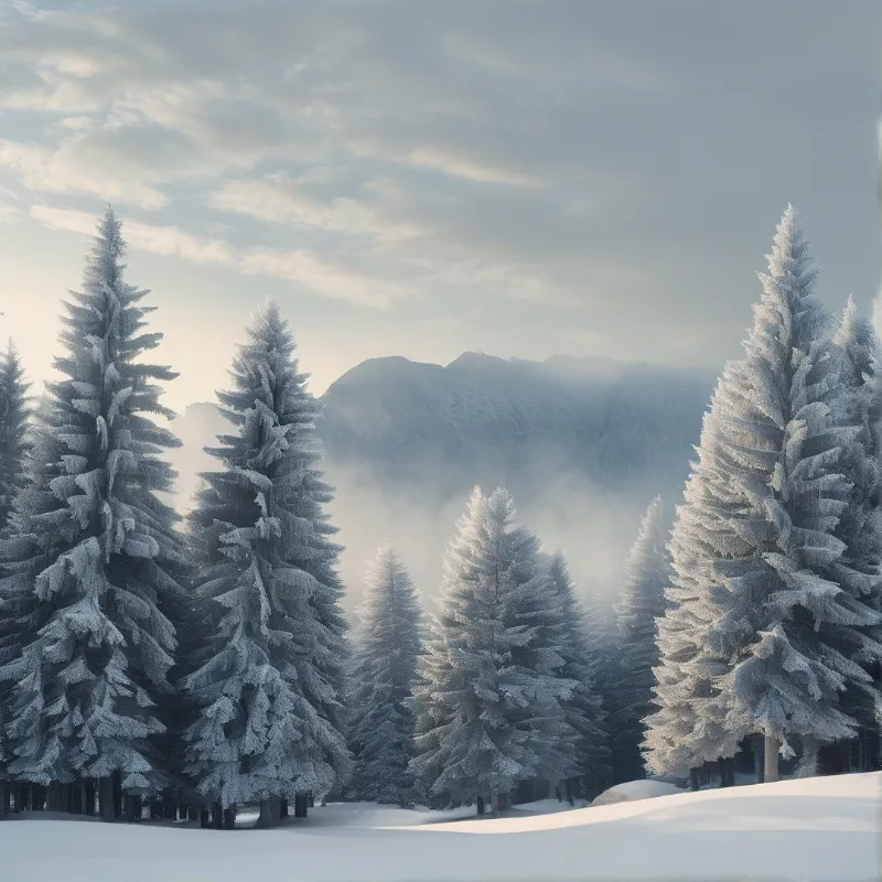 Frost-covered conifers stand in a white landscape with fog obscuring the hills behind them.