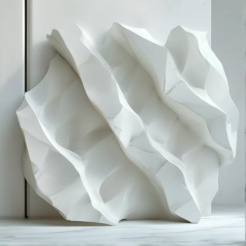 A large sculptural panel of crisp white folds rests on a pale stone floor, its ridges catching soft side light