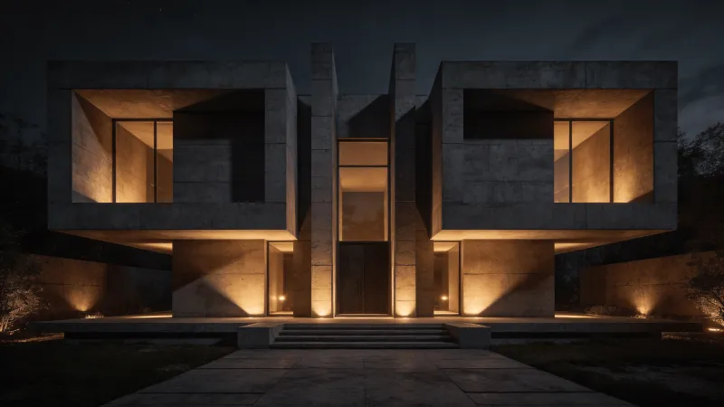 Villa with Brutalist Massing — Night With Warm Lights