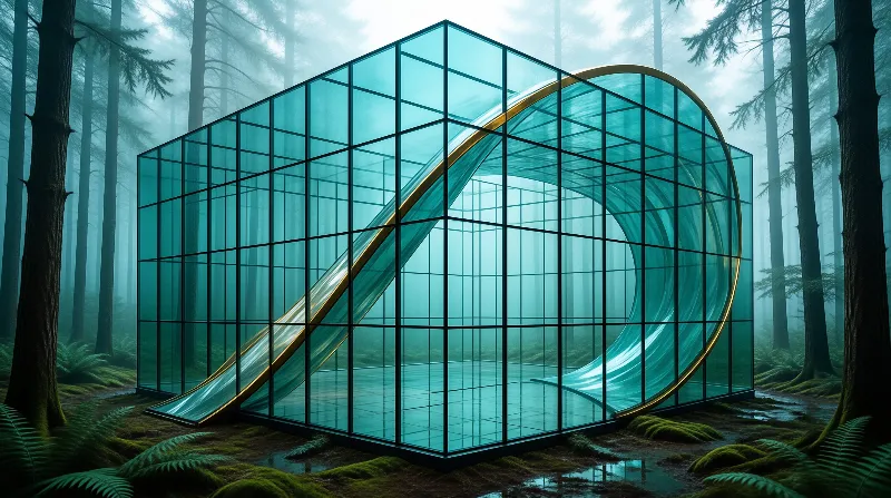 A large teal glass greenhouse sits in a foggy forest, featuring a long golden slide curving through its interior.