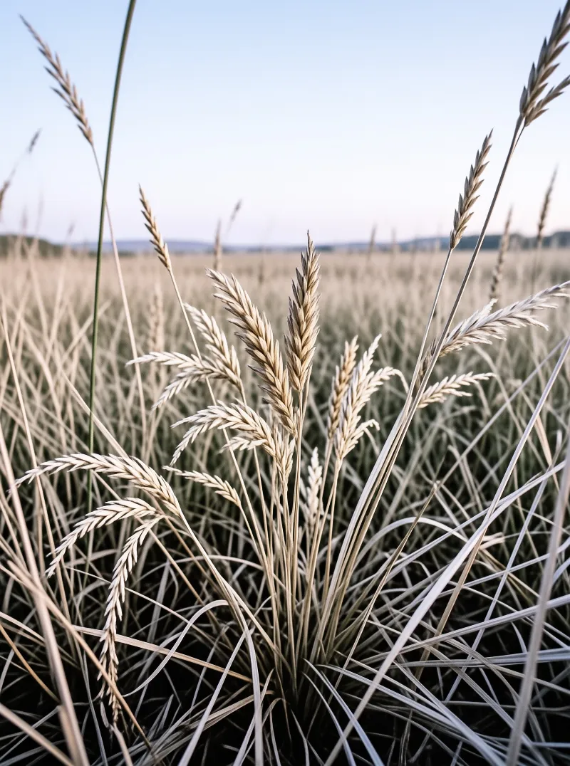 Pale wheat-like stems rise from a coastal meadow, their fine heads catching low light over a blurred field and far hills