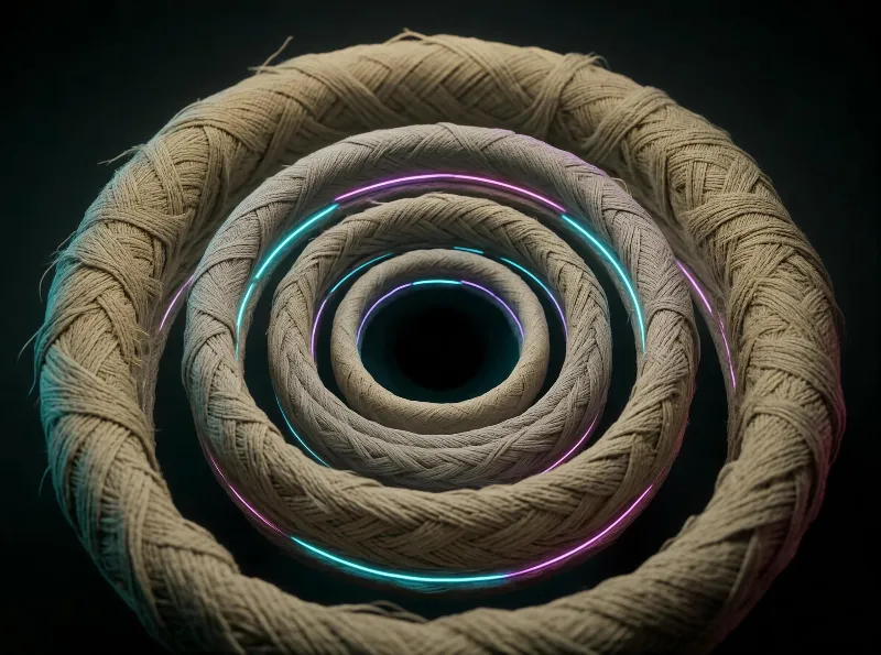 Concentric circular rope formations with glowing neon lines against a dark background