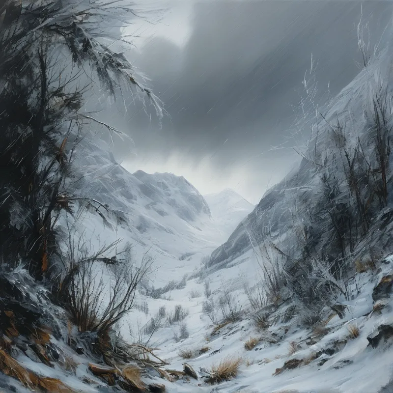 A snow filled mountain valley is lined by ice covered bare brush under dark storm clouds as snow falls.