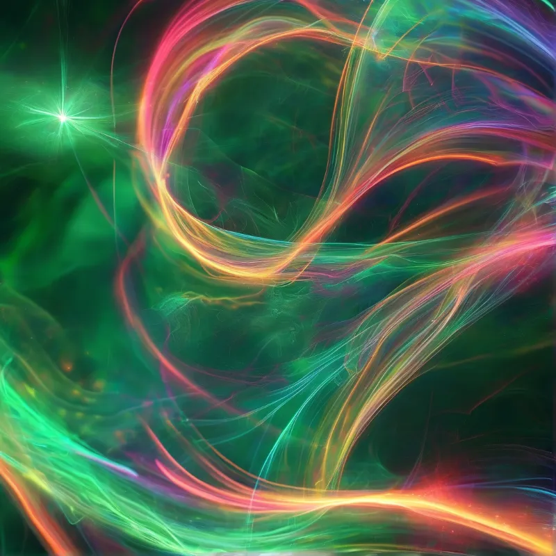 Flowing streams of green, orange, and pink light curve across a deep black background with a bright starburst on the left.