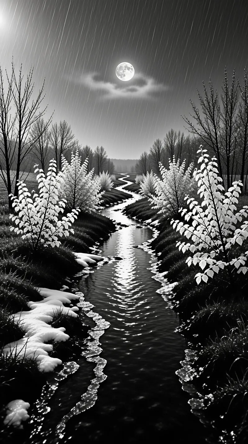 A winding river with snow banks and frosted trees under a bright full moon in rainy night sky