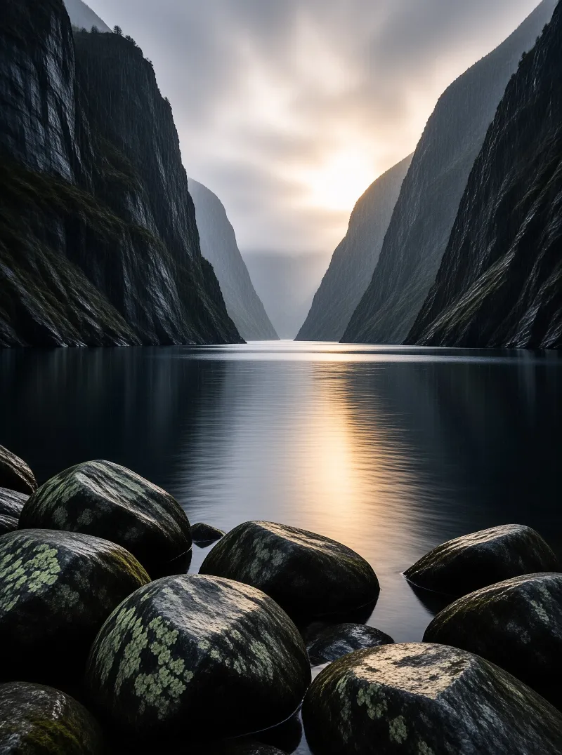 Lichen covered boulders rest at the edge of a glassy strait between towering dark cliffs under soft light.