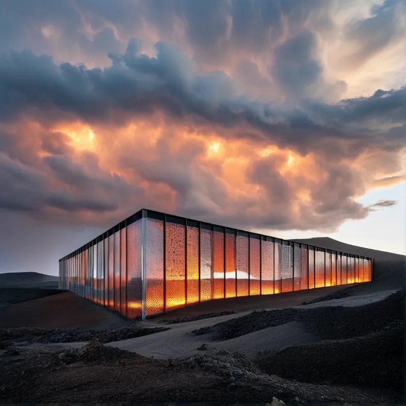 A long glass structure emits warm orange light across a barren rocky terrain beneath a dramatic sunset sky.