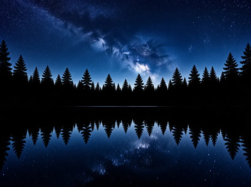 Dark evergreens silhouette against a deep blue starry sky featuring the Milky Way mirrored in calm water