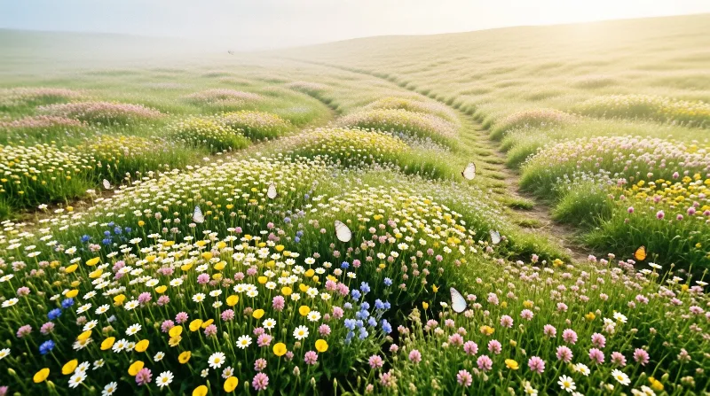 Vibrant wildflowers and butterflies fill a rolling green meadow bathed in soft hazy sunlight.